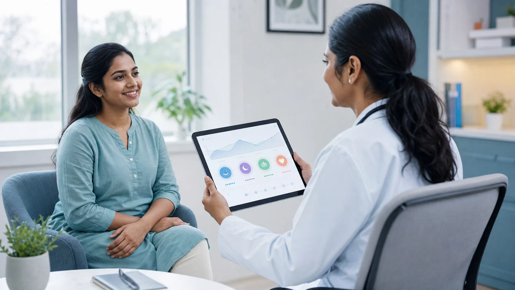 Indian clinician reviewing a patient's mental wellbeing trend during a routine visit
