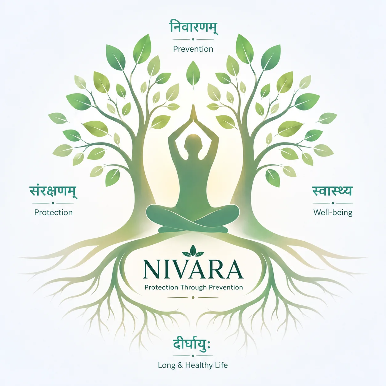 The complete Nivāra protection-through-prevention artwork with a seated person, flourishing trees, roots and Sanskrit concepts for prevention, protection, well-being and long life.