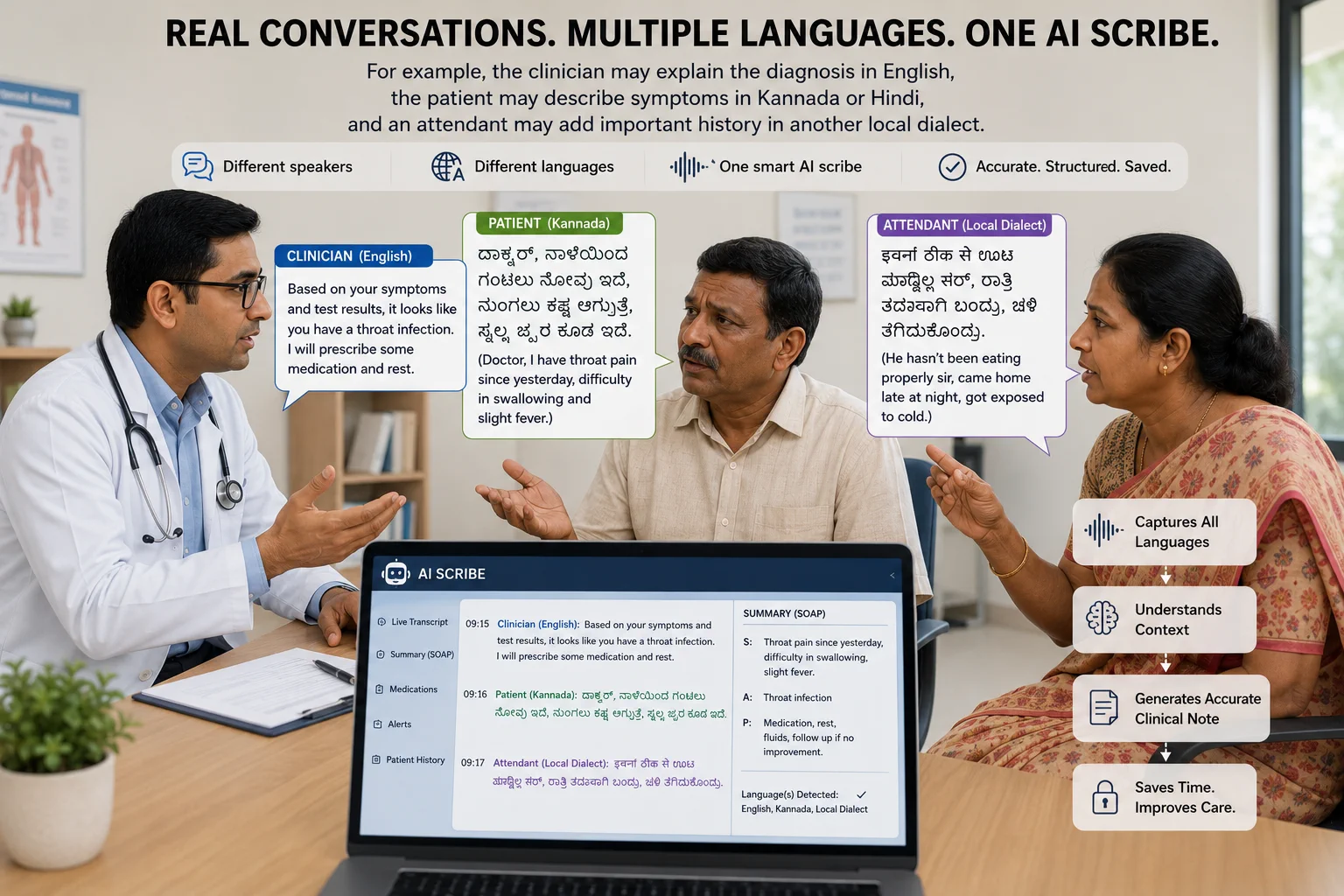 Clinician, patient and family member speaking different Indian languages while one AI scribe creates a clinical note