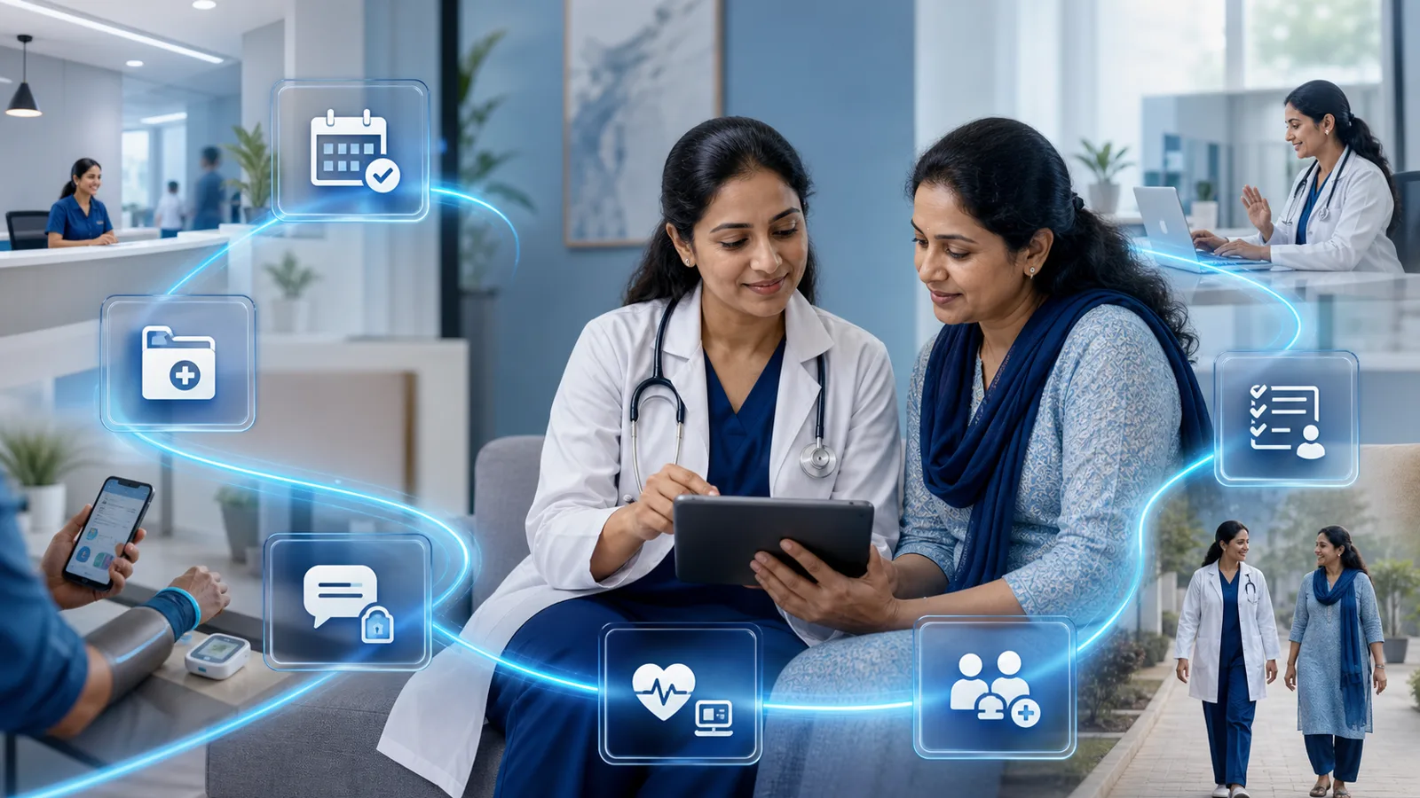 Indian clinician and patient reviewing a continuous care journey with connected scheduling, records, communication, monitoring and follow-up